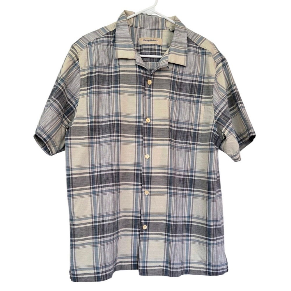 Tommy Bahama Beige Plaid Silk Cotton Blend Casual Button Up Camp Shirt Men's L‎